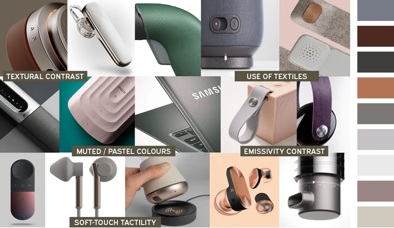 CMF moodboard of textures, colours and finishes from wearables and office products