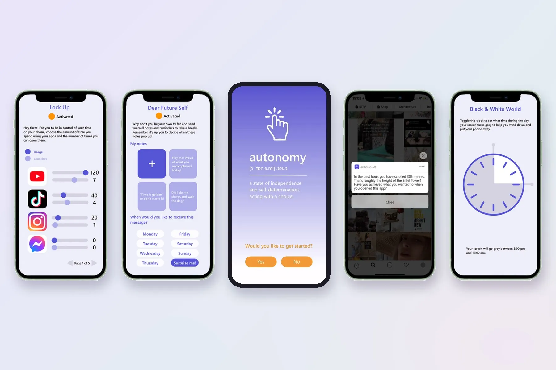Five AutonoMe app screens: Lock Up, Dear Future Self, the autonomy onboarding screen, a scroll prompt and Black & White World