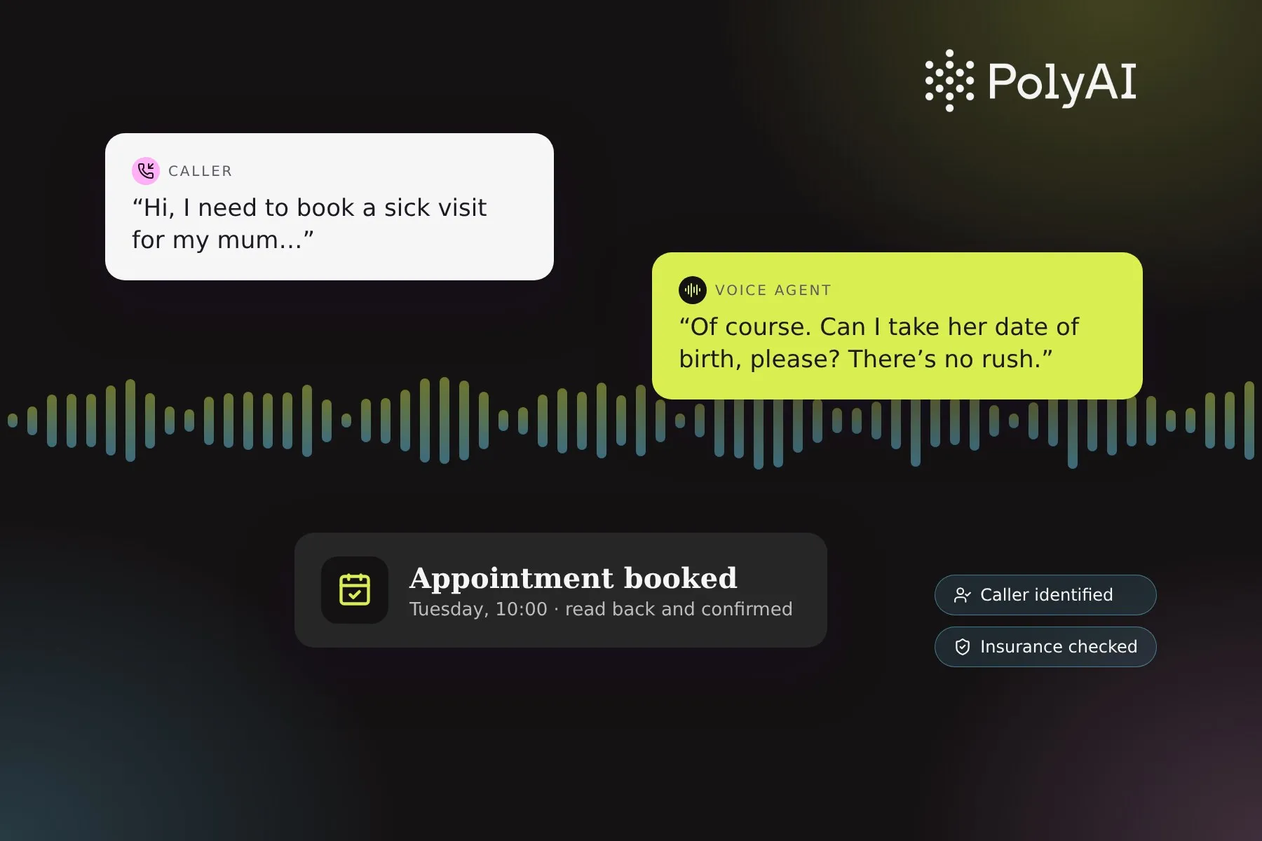 A caller and a PolyAI voice agent in conversation, ending in a confirmed appointment, with the PolyAI logo