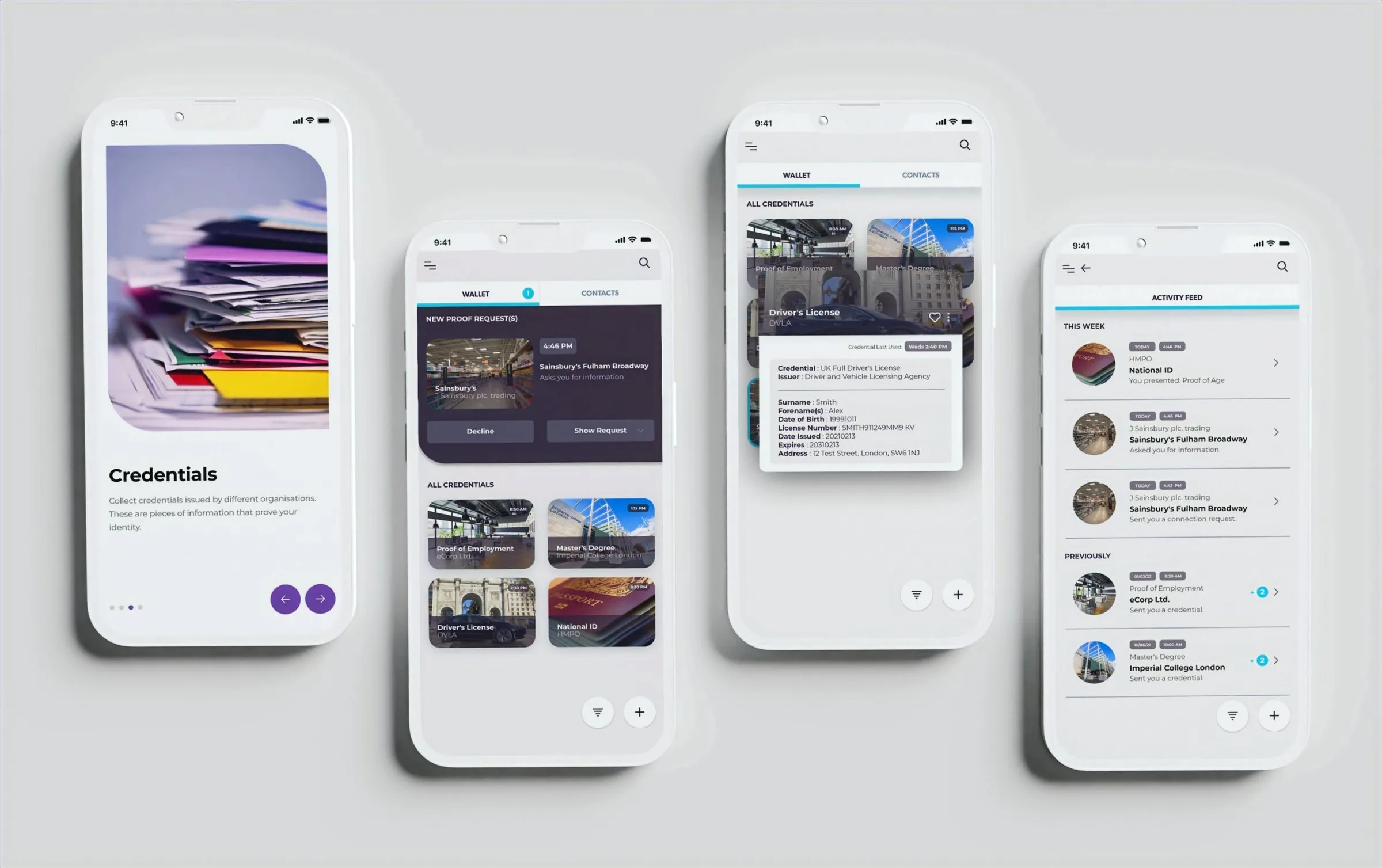 Credential wallet app screens shown on four phones