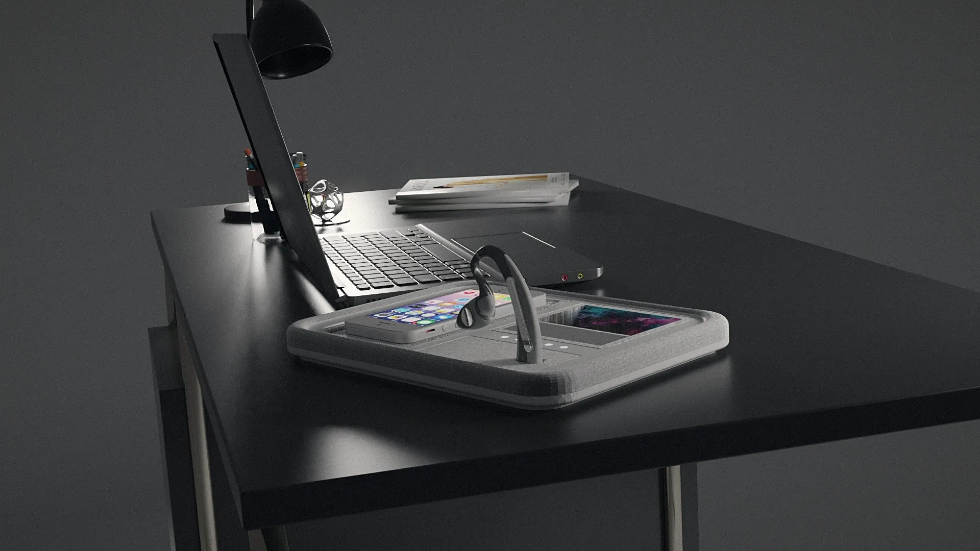 Heron docked on a desk, with its charging and display base