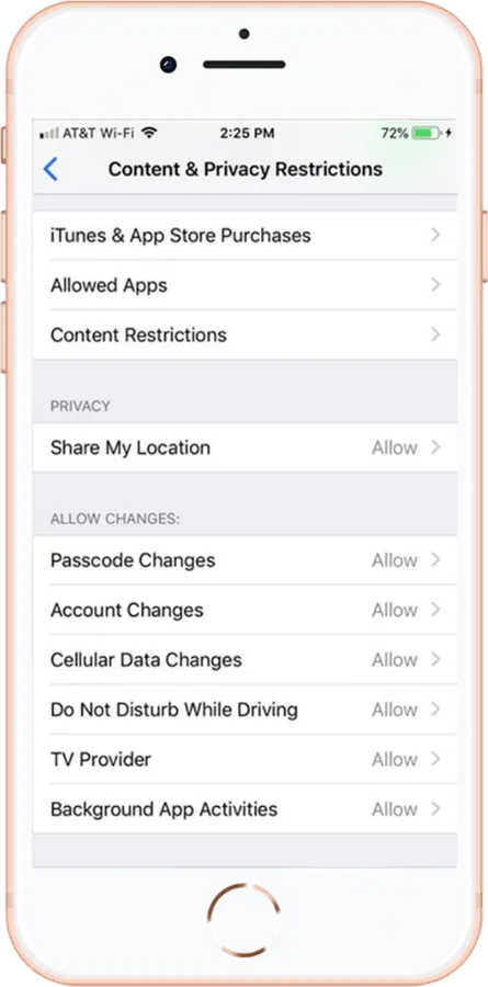 Apple Screen Time: content and privacy restrictions set by a parent