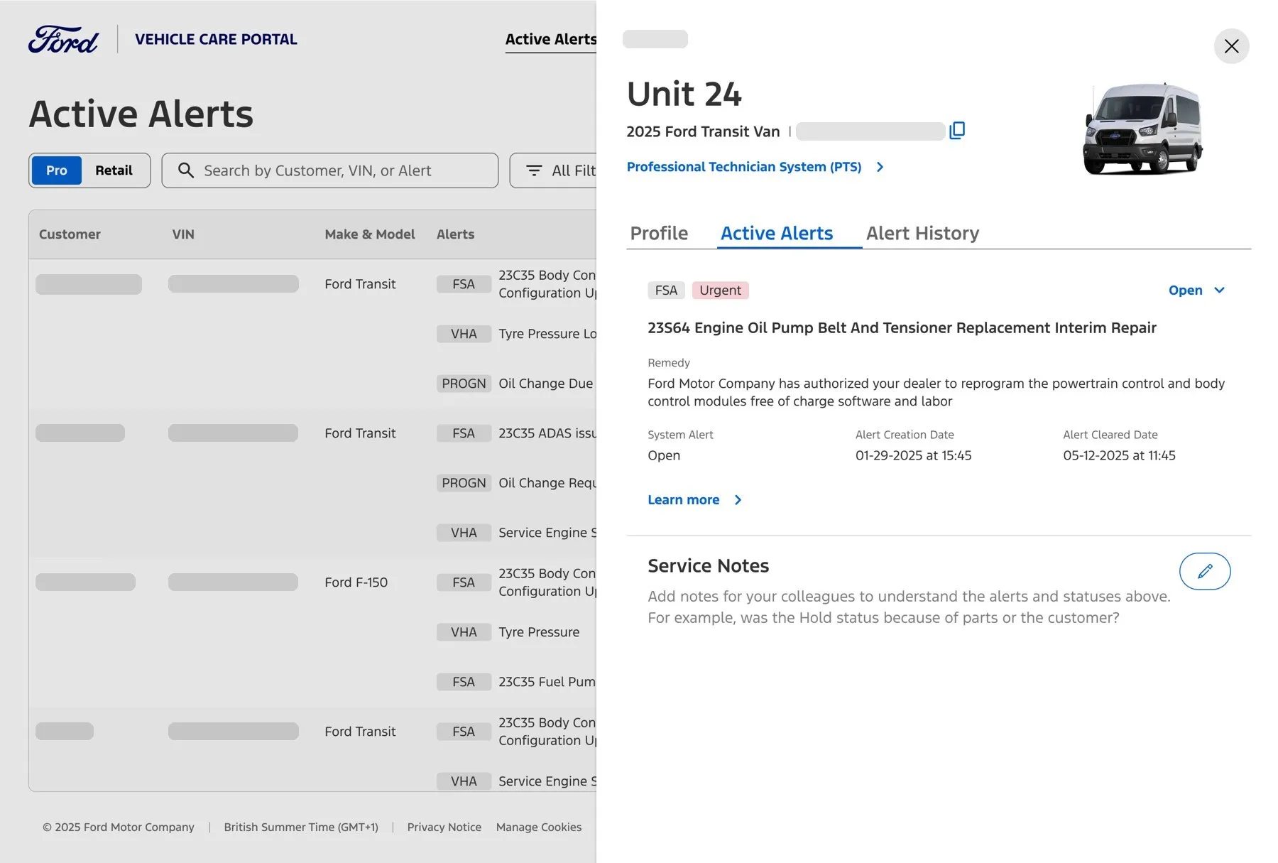 The Vehicle Care Portal prototype the first pilot dealer used: active alerts by customer and van, with an urgent alert open (customer names and VINs masked)