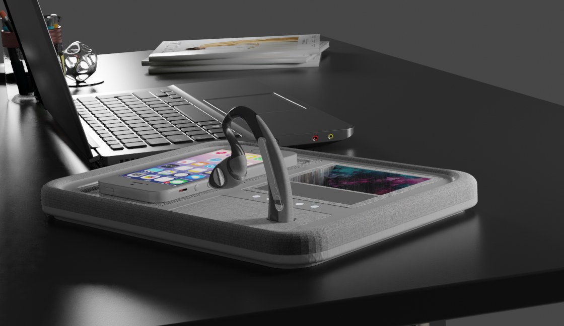 Render of the Heron desk dock with an earpiece, a phone charging and a display panel
