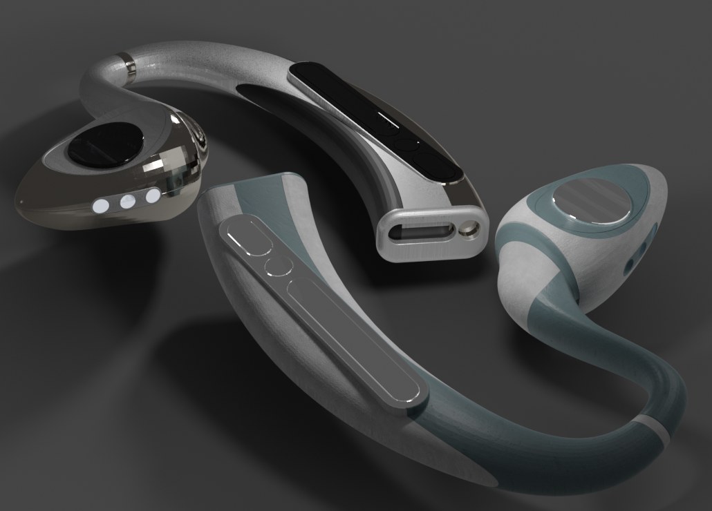 Render of two Heron earpieces showing the ear loop, sensor pad and touch controls