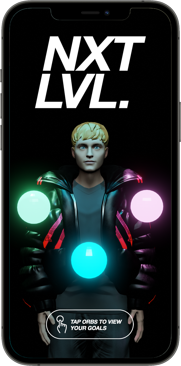 NXT LVL home screen: the user's avatar surrounded by Strength, Stamina and Mind orbs